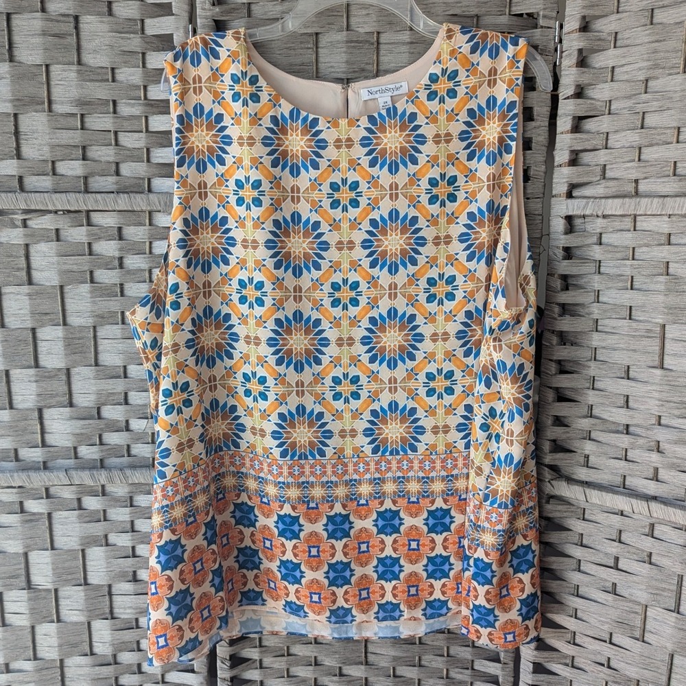 Sleeveless Blouse Blue Orange Geometric Mosaic Print 2X Lined Office Retro Mod